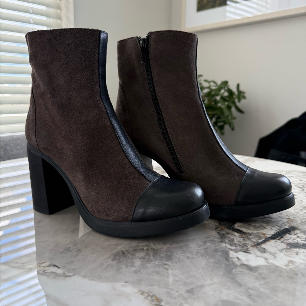 Fly London Grey and Black Suede Heeled Boots. - Picture 2 of 8